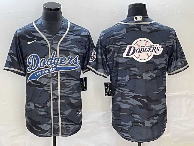 Men%27s Los Angeles Dodgers Gray Camo Team Big Logo Cool Base With Patch Stitched Baseball Jersey->los angeles dodgers->MLB Jersey